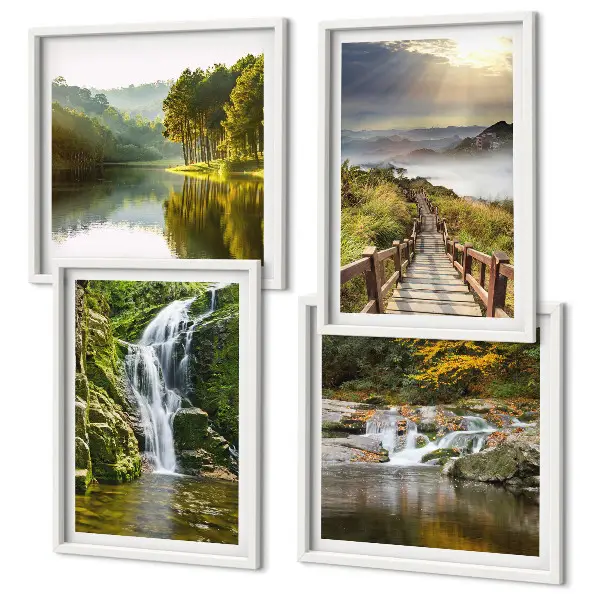 Set posters met lijst met afbeeldingen van watervallen bergen wolken en herfst