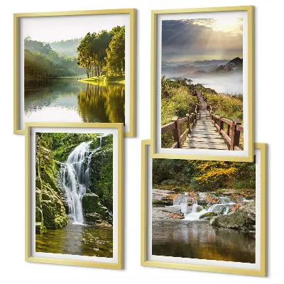 Set posters met lijst met afbeeldingen van watervallen bergen wolken en herfst