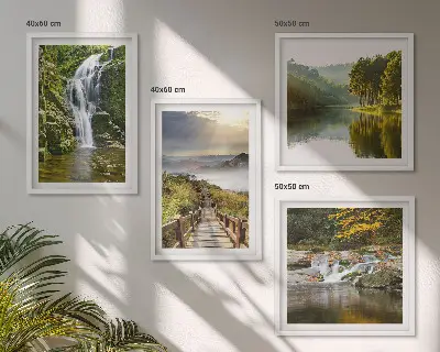 Set posters met lijst met afbeeldingen van watervallen bergen wolken en herfst
