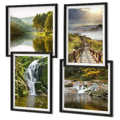 Set posters met lijst met afbeeldingen van watervallen bergen wolken en herfst