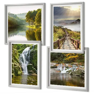 Set posters met lijst met afbeeldingen van watervallen bergen wolken en herfst