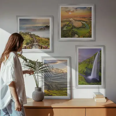 Set van posters met lijst Uitzicht op bergen, rivieren en watervallen.