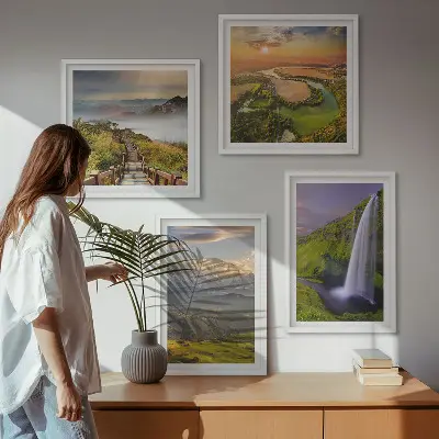 Set van posters met lijst Uitzicht op bergen, rivieren en watervallen.