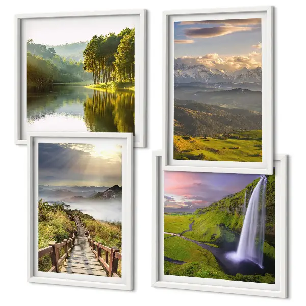 Posterset met lijsten berglandschappen met een waterval