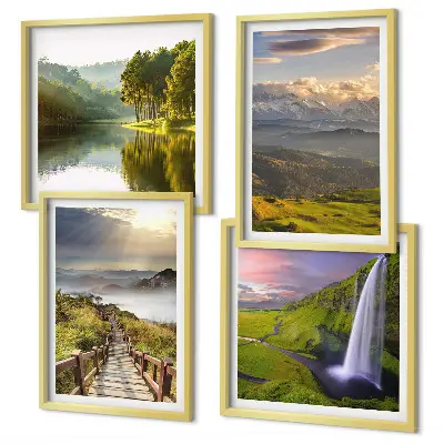 Posterset met lijsten berglandschappen met een waterval