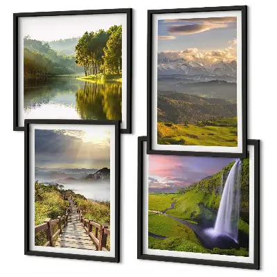 Posterset met lijsten berglandschappen met een waterval