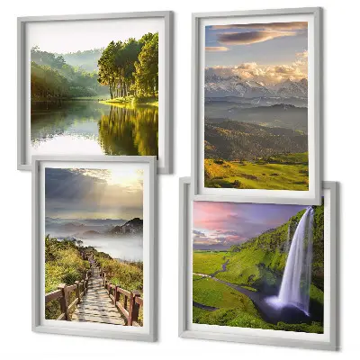 Posterset met lijsten berglandschappen met een waterval