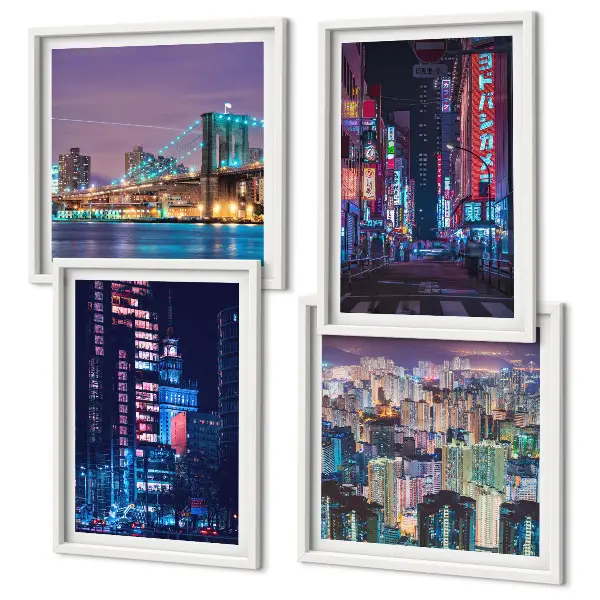 Nachtsteden met neonlichten set van posters met lijst