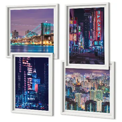 Set van posters met lijst Nachtsteden met neonlichten