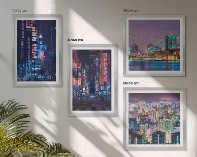 Nachtsteden met neonlichten set van posters met lijst