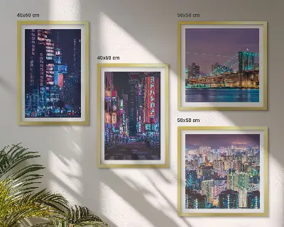 Nachtsteden met neonlichten set van posters met lijst