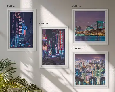 Nachtsteden met neonlichten set van posters met lijst
