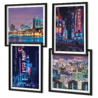 Nachtsteden met neonlichten set van posters met lijst