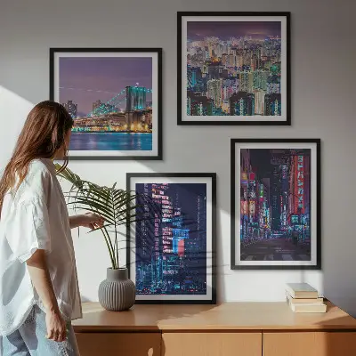 Nachtsteden met neonlichten set van posters met lijst