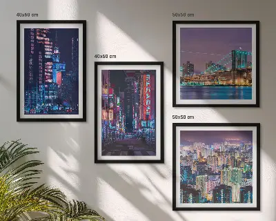 Nachtsteden met neonlichten set van posters met lijst