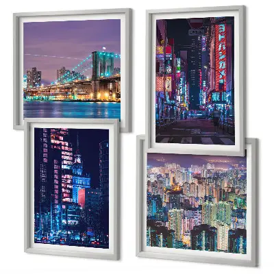 Nachtsteden met neonlichten set van posters met lijst