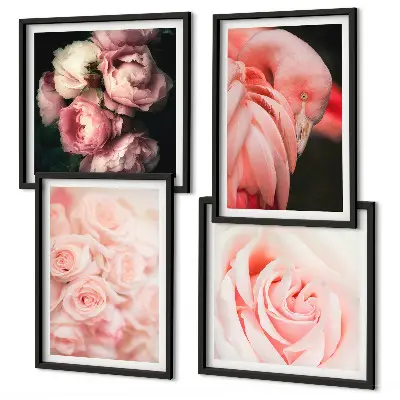 Set van posters met lijst met pastelroze flamingo's