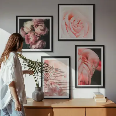 Set van posters met lijst met pastelroze flamingo's