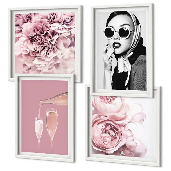 Posterset met lijst decoratie met bloemen, pioenrozen en rozen in elegante stijl