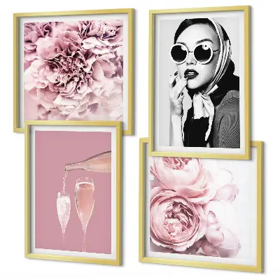Posterset met lijst decoratie met bloemen, pioenrozen en rozen in elegante stijl