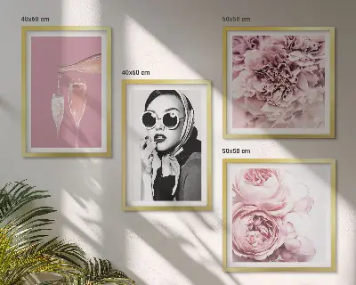 Posterset met lijst decoratie met bloemen, pioenrozen en rozen in elegante stijl