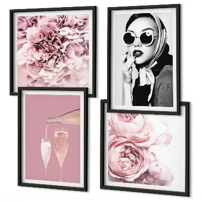 Posterset met lijst decoratie met bloemen, pioenrozen en rozen in elegante stijl