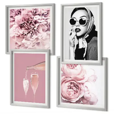 Posterset met lijst decoratie met bloemen, pioenrozen en rozen in elegante stijl