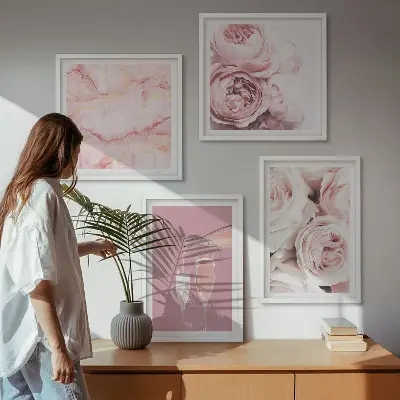 Set van posters met lijst rozen in champagne en marmer pastel