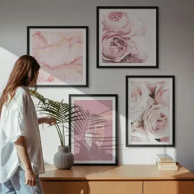Set van posters met lijst rozen in champagne en marmer pastel