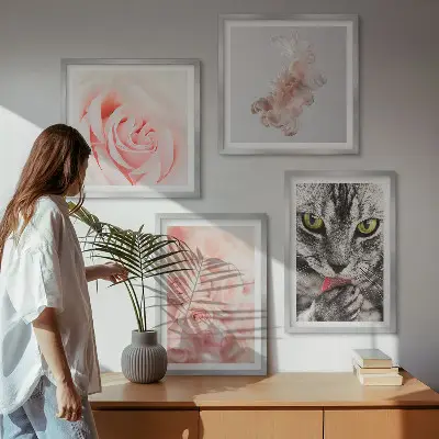 Set van posters met lijst Abstracte grijze kat met rozen
