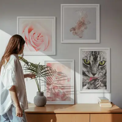 Set van posters met lijst Abstracte grijze kat met rozen