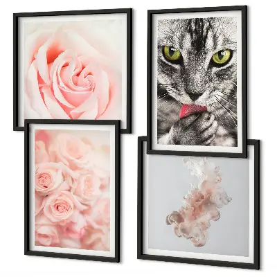 Set van posters met lijst Abstracte grijze kat met rozen