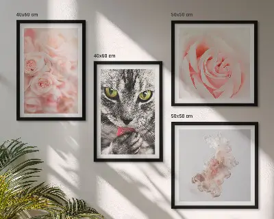 Set van posters met lijst Abstracte grijze kat met rozen