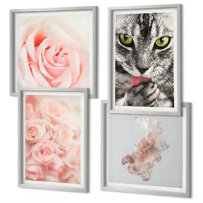 Set van posters met lijst Abstracte grijze kat met rozen