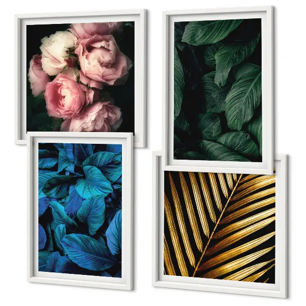 Set posters met lijst met bladeren en bloemen in verschillende kleuren