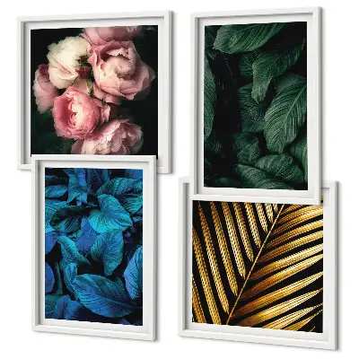 Set posters met lijst met bladeren en bloemen in verschillende kleuren