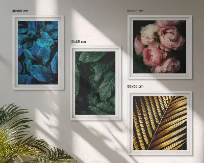 Set posters met lijst met bladeren en bloemen in verschillende kleuren