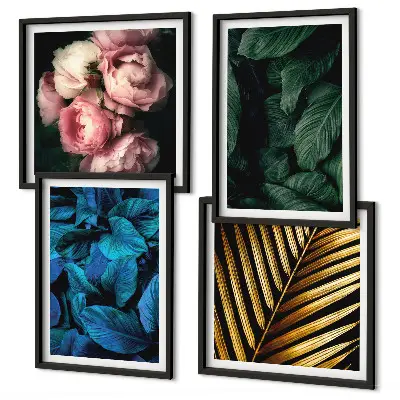 Set posters met lijst met bladeren en bloemen in verschillende kleuren