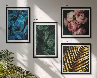 Set posters met lijst met bladeren en bloemen in verschillende kleuren