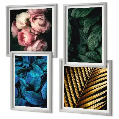 Set posters met lijst met bladeren en bloemen in verschillende kleuren