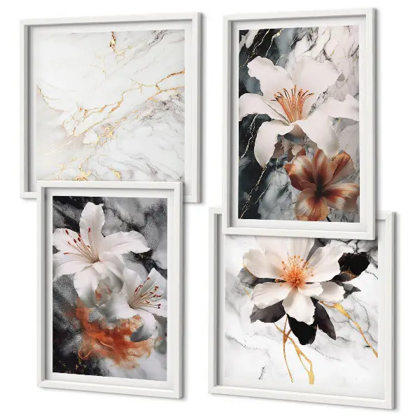 Set posters met lijst bloemen in wit, zwart en marmer