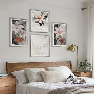 Set posters met lijst bloemen in wit, zwart en marmer