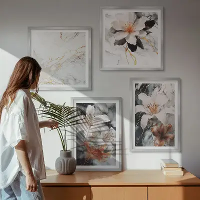 Set posters met lijst bloemen in wit, zwart en marmer