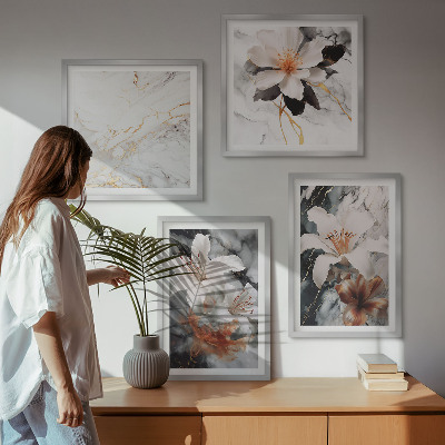 Set van posters met lijst Bloemen marmer wit zwart