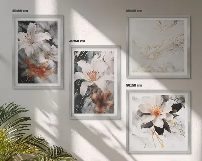 Set posters met lijst bloemen in wit, zwart en marmer