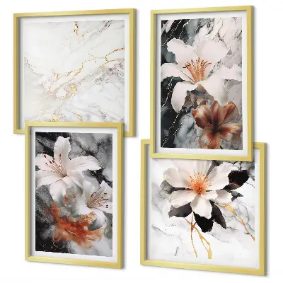 Set posters met lijst bloemen in wit, zwart en marmer