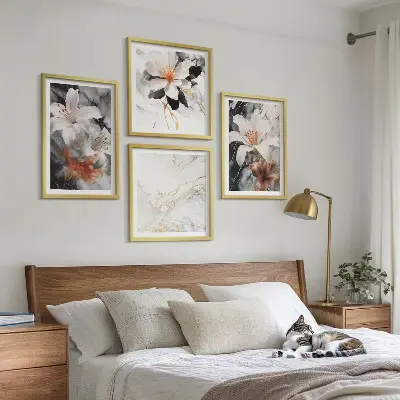 Set posters met lijst bloemen in wit, zwart en marmer