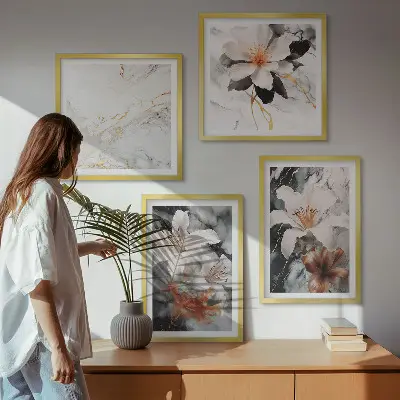 Set posters met lijst bloemen in wit, zwart en marmer