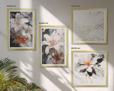 Set posters met lijst bloemen in wit, zwart en marmer