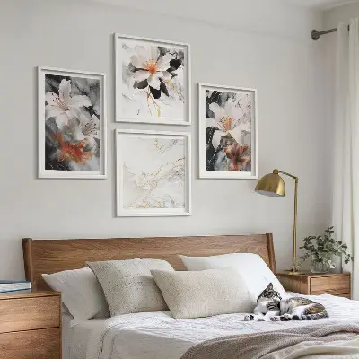 Set posters met lijst bloemen in wit, zwart en marmer